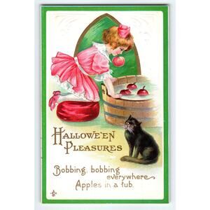 Vintage 1911 Halloween Postcard Girl Bobbing Apples with Black Cat